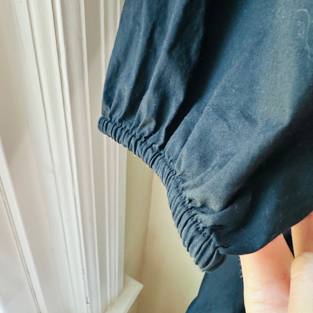 Black Cotton Poplin Mini Shirt Dress Medium Puff Sleeve Minimalist - Picture 4 of 7
